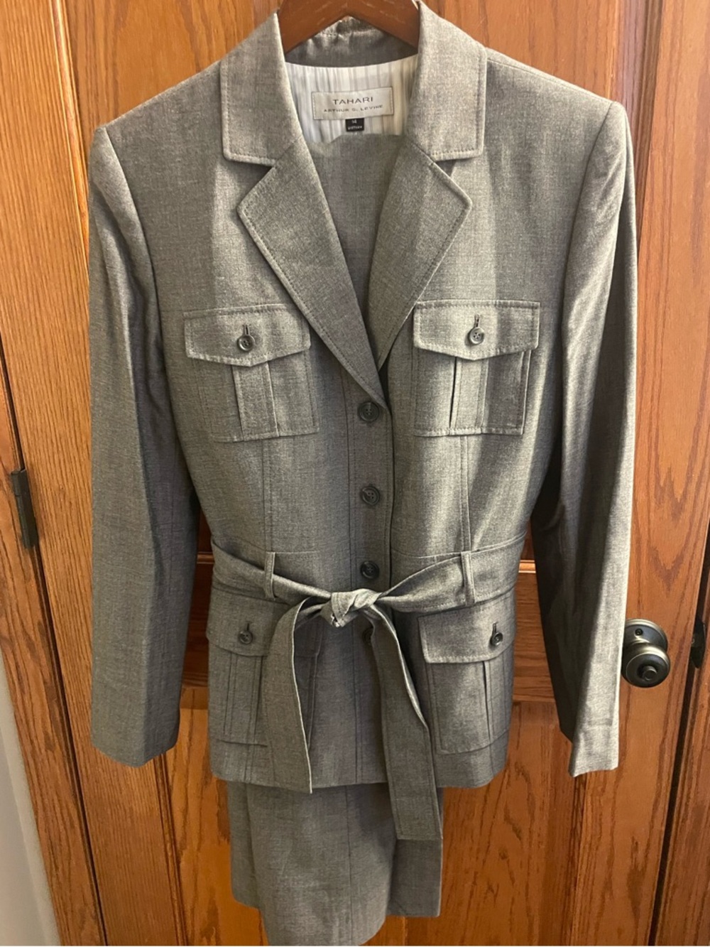 Tahari Olive Gray Tie-Waist Women’s Pant Suit